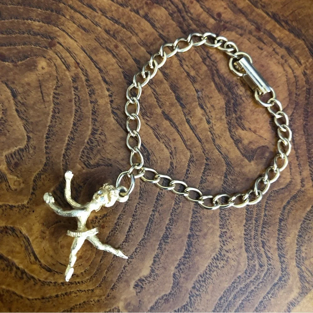 Vintage dancing ballerina rhinestone eye girls charm bracelet